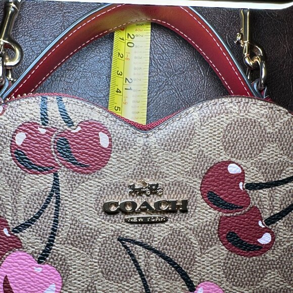 COACH Heart Crossbody Bag Signature Cherry Print Canvas CY706 Tan and Red - Picture 8 of 16